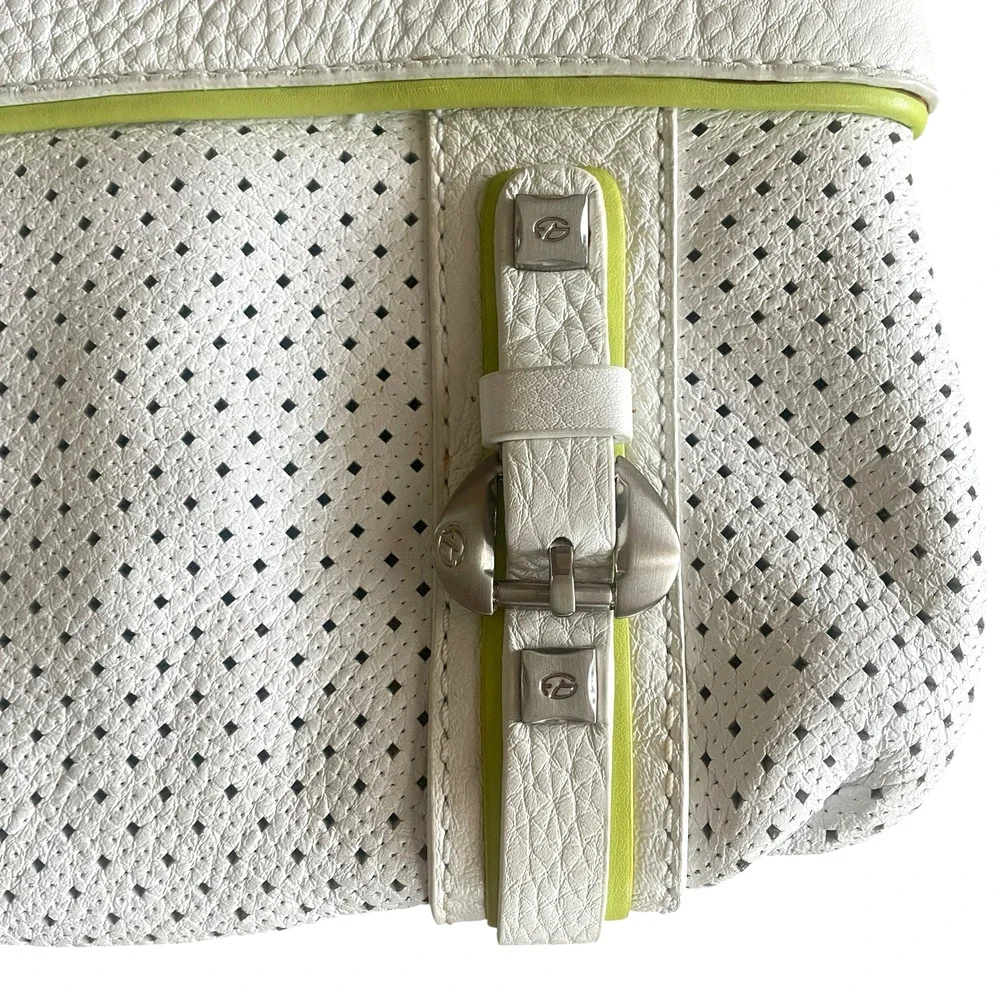 FRANCESCO BIASIA White Calf Leather Lime Green Perforated Clutch Wristlet Women